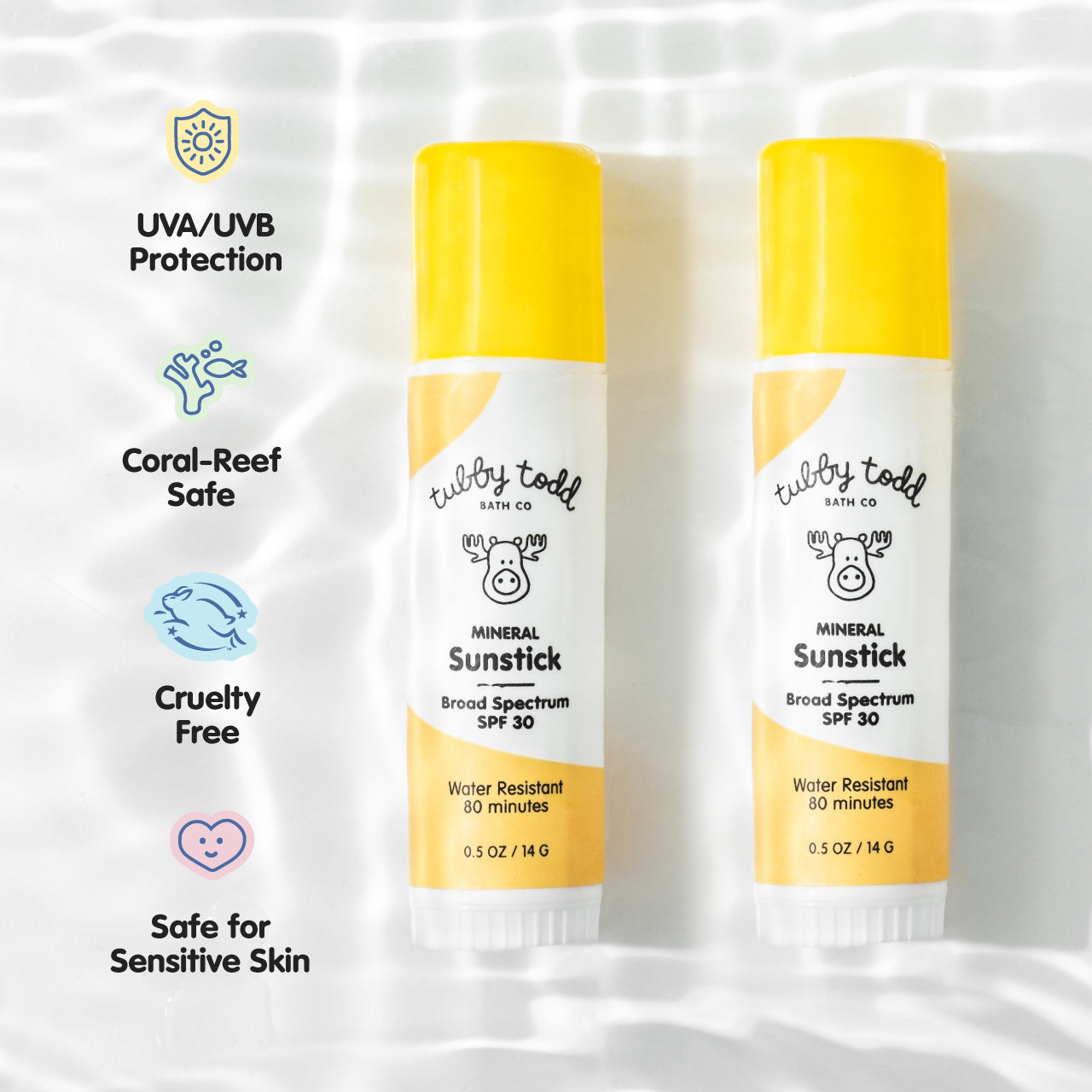 Two Tubby Todd Mineral Sunstick with UVA/UVB Protection, Coral-Reef Safe, Cruelty Free and Safe for Sensitive Skin